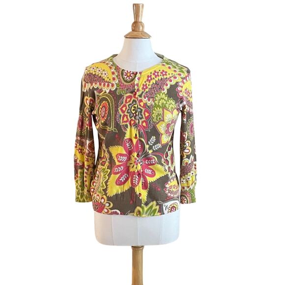 Peck & Peck Weekend Yellow Pink Floral Cotton Blend Crew Neck Cardigan, Size S - Picture 1 of 13